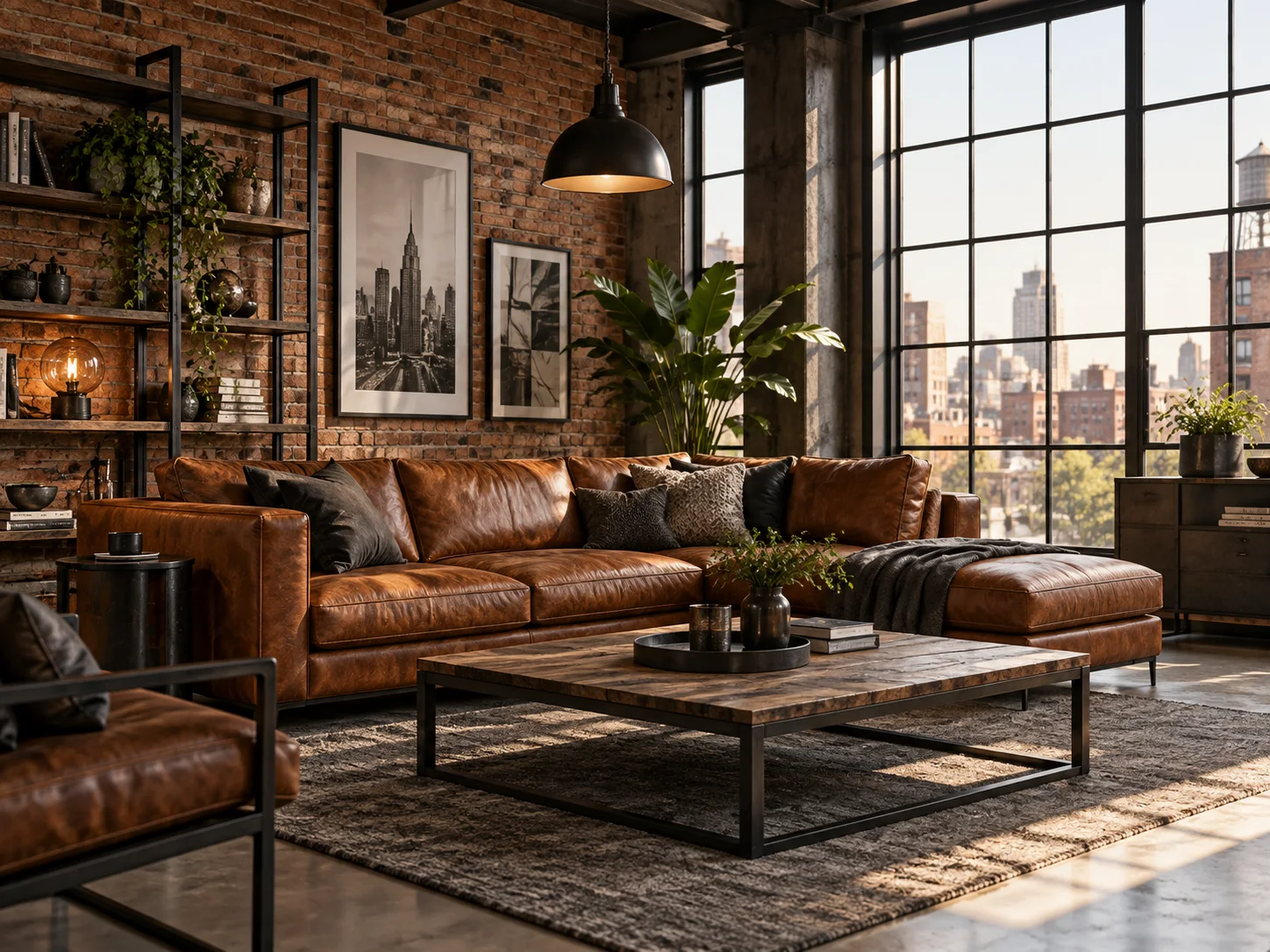 Industrial-Loft mit Backsteinwänden, großen Fenstern und braunem Ledersofa