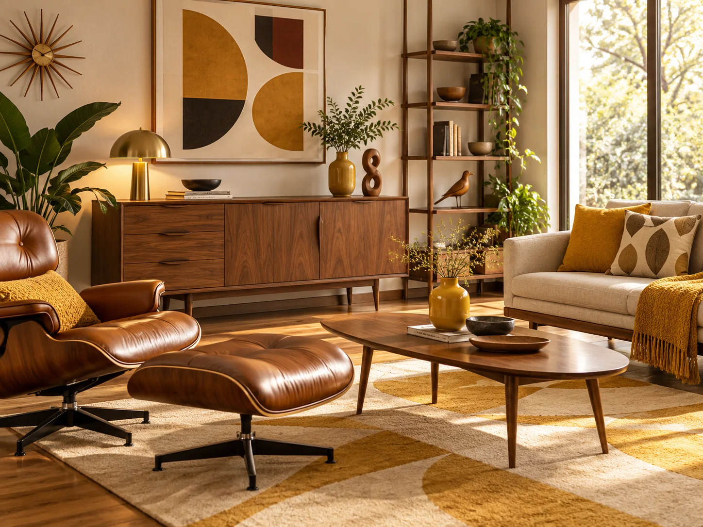 Mid-Century-Wohnzimmer mit grüner Wand, Ledersessel und Holzmöbeln