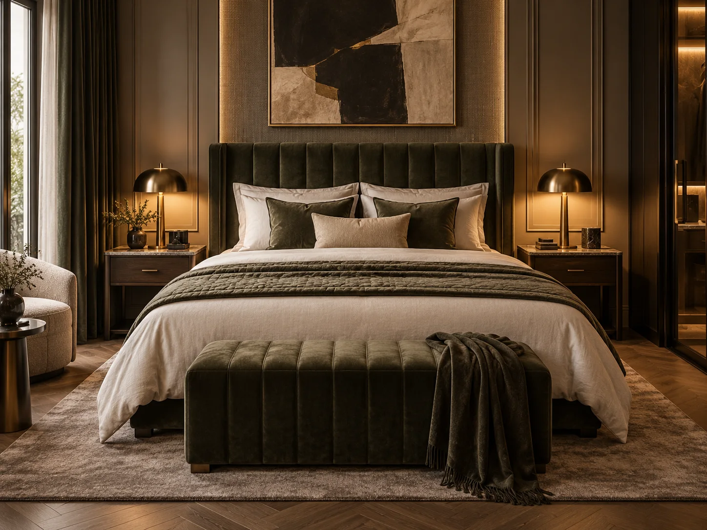 Schlafzimmer im Boutique-Hotel-Stil mit dunklem Holz und indirektem Licht