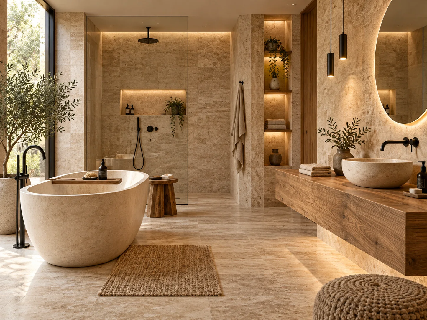 Badezimmer mit freistehender Wanne und warm beleuchtetem Naturstein